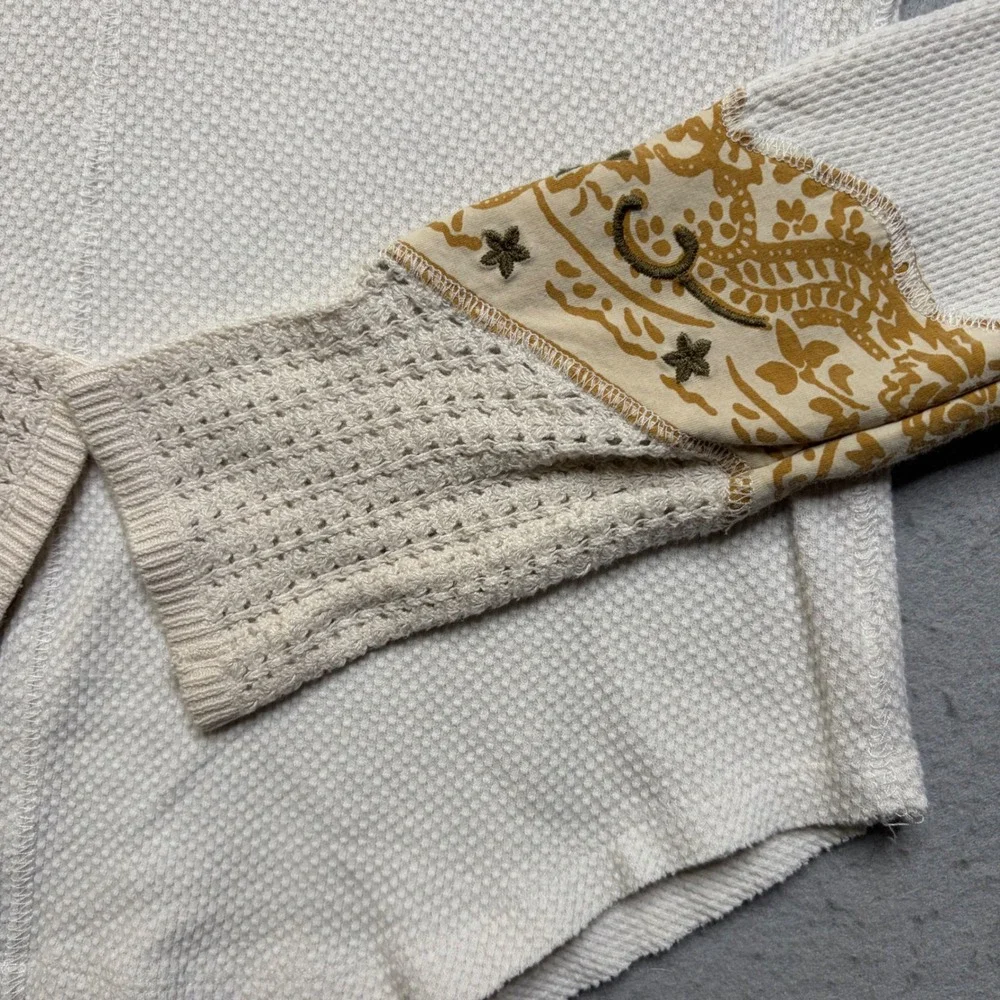 We The Free Thermal Top Womens L Ivory Paisley Cuff Waffle Knit Scoop Neck